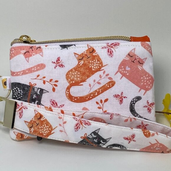 Handmade Handbags - Cute Colorful Wristlet Coin Purse Wallet in Orange and Black Kitty Cat Print